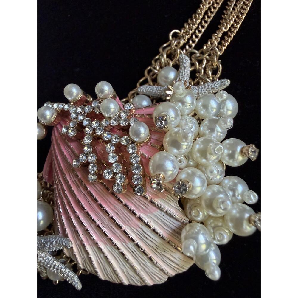 Betsey Johnson Shell Necklace Starfish Pearl Pink Gold Statement Chunky - Picture 3 of 11